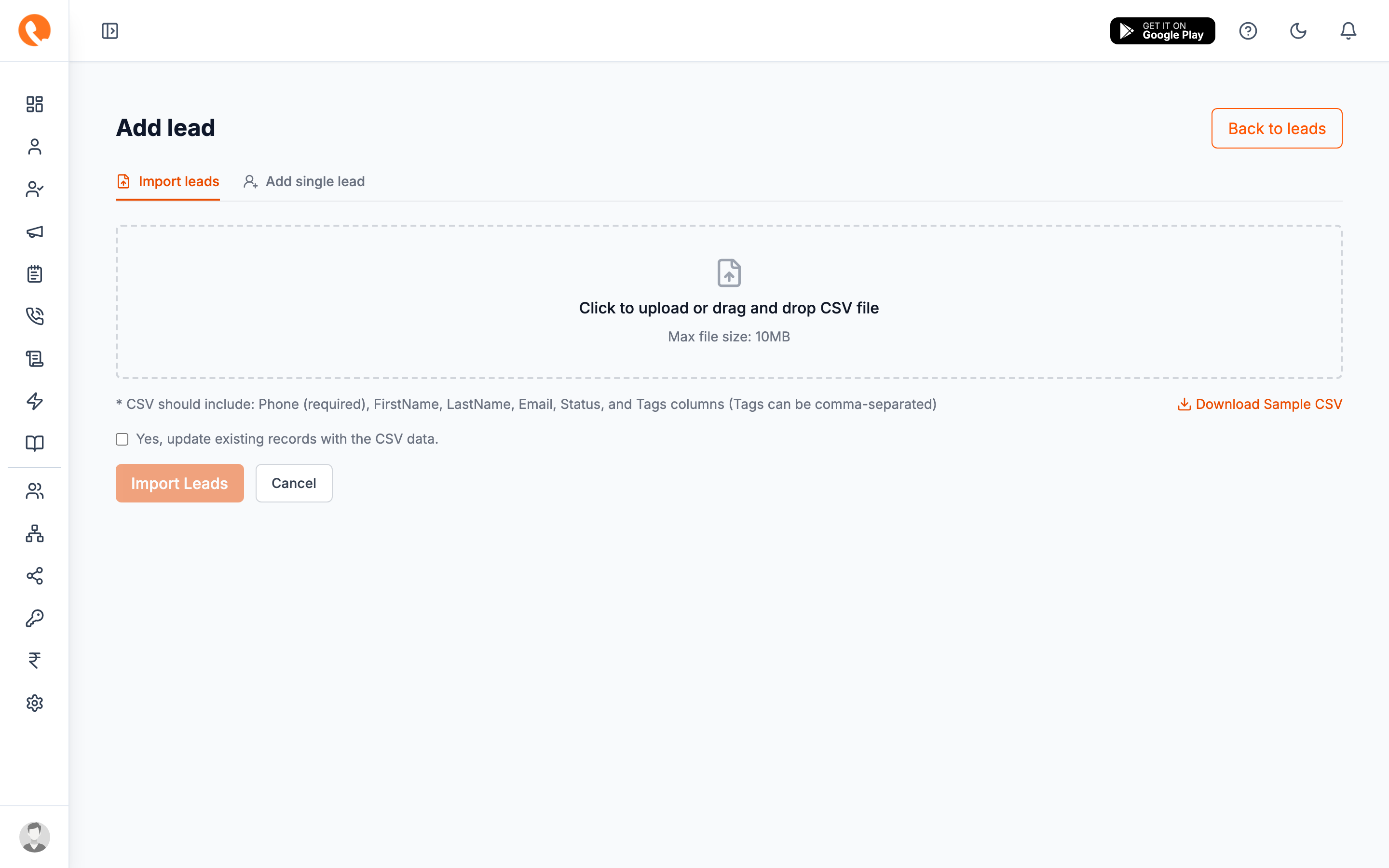 Add lead — single lead tab