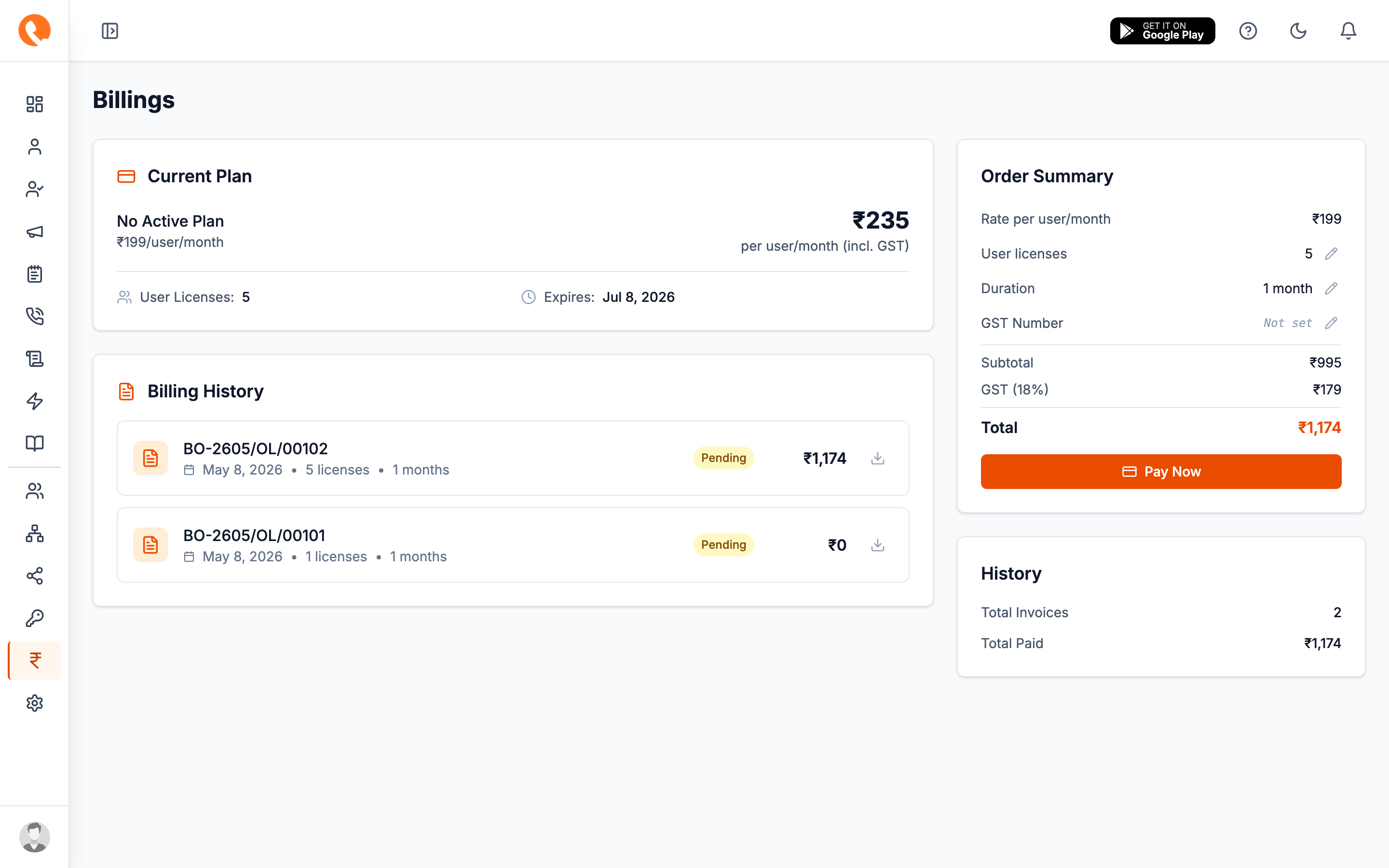 Billing page