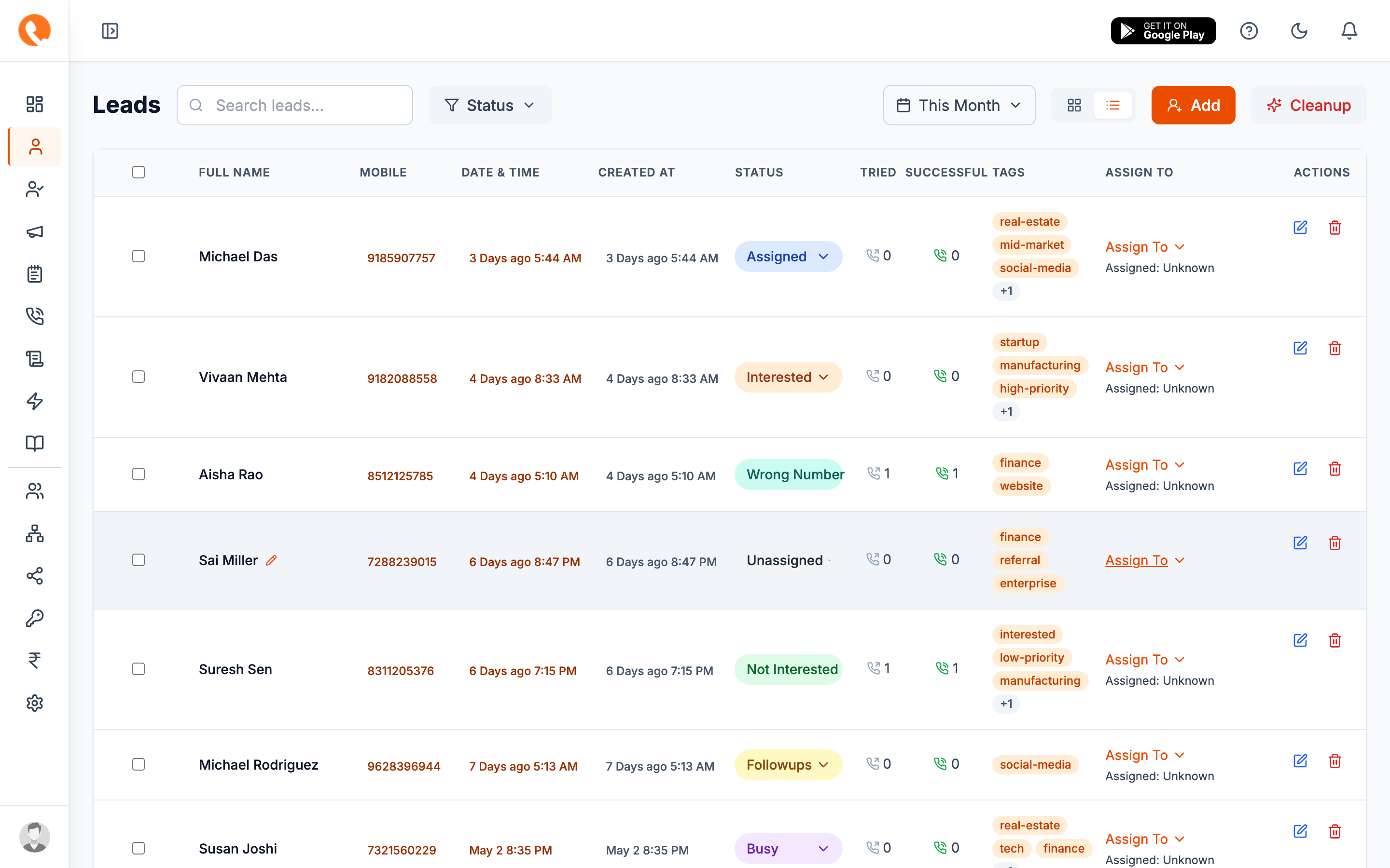 Leads list