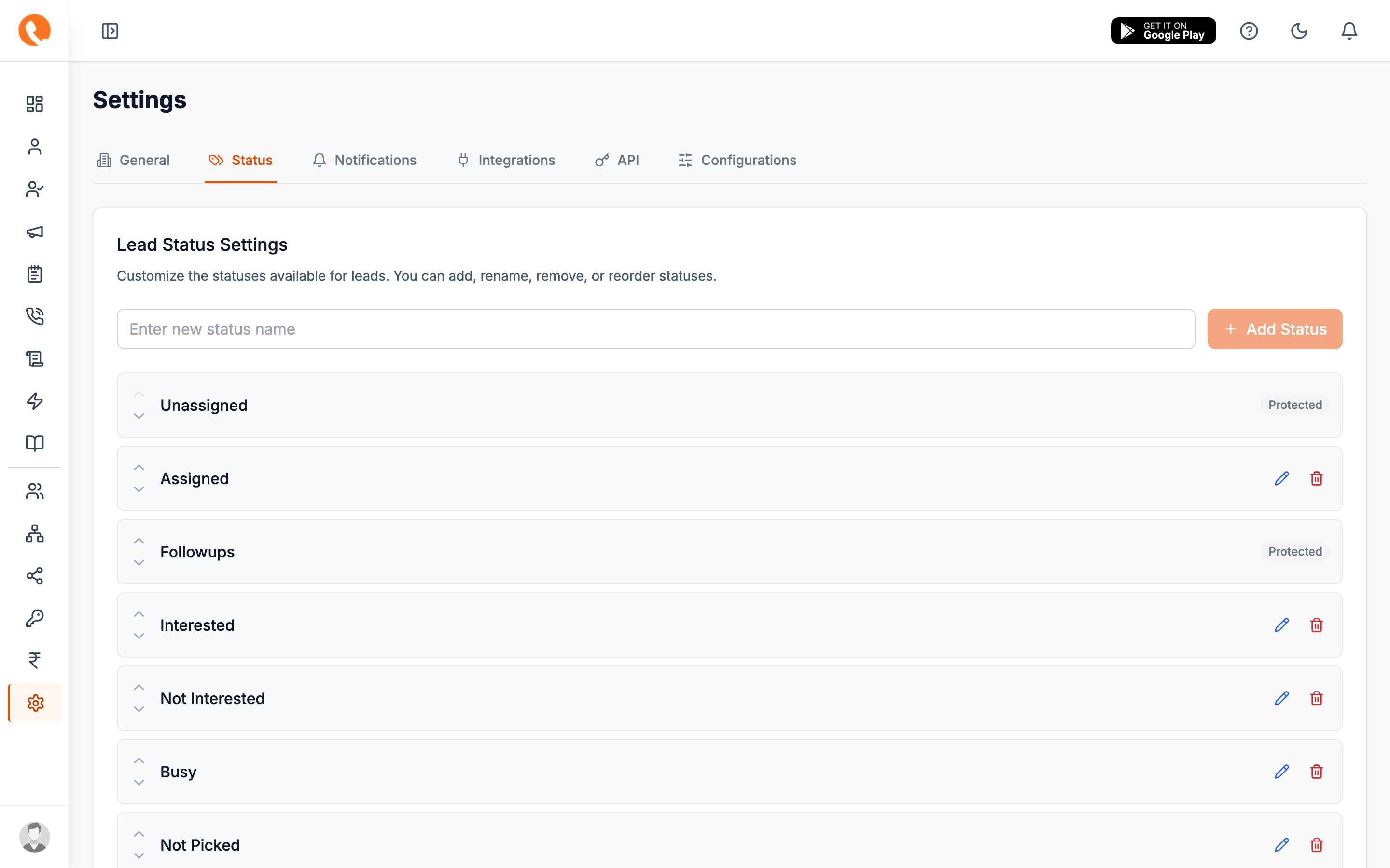 Lead statuses tab